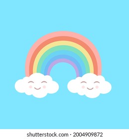 Arcoiris con bonitas nubes sobre un fondo azul aislado. Ilustración vectorial para telas, texturas, papel tapiz, carteles, pegatinas, postales. Huella infantil.