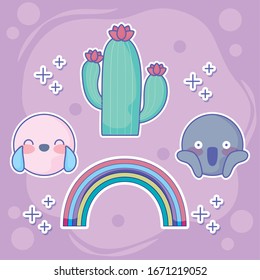 rainbow and cute enojis icon set around over purple background, vector illustration