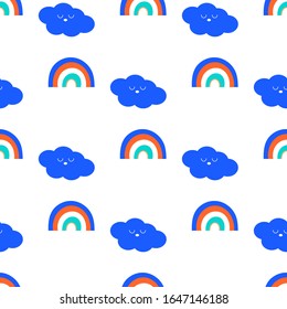 Nubes arcoiris y Kawaii lindas. Patrón infantil impecable. Estilo plano. Textura para niños escandinavos para tela, envoltura, textil, papel pintado. Fondo vectorial,
