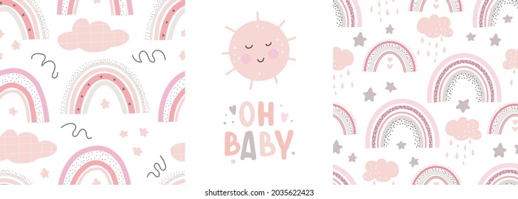 Rainbow cute patterns and lettering - oh baby . Creative childish print for fabric, wrapping, textile, wallpaper, apparel.Vector cartoon illustration in pastel colors