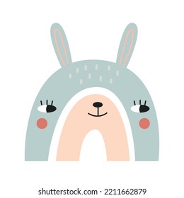 Rainbow with cute rabbit face. Nursery art. Vector illustration