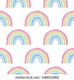 Rainbow cute seamless pattern on white background.Hand drawn pastel print with simple shapes in scandinavian style. Design for textile,fabric,wallpaper etc
