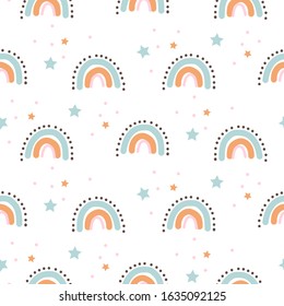 Rainbow cute shapes baby theme seamless pattern. Scallop archs repeat background for wrap, textile and print kids design. Baby blue colors texture objects.