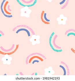 Rainbow And Daisy Flower Vector Seamless Pattern. Summer Floral Scandinavian Nursery Print Design. Hippie Positive Vibes Background.