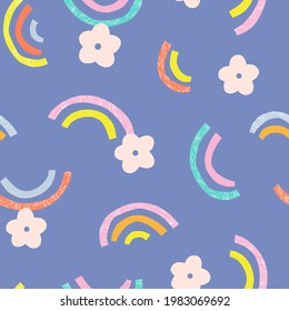 Rainbow and daisy flower vector seamless pattern. Summer floral Scandinavian nursery print design. Hippie positive vibes background.