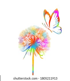 Rainbow Dandelion with butterfly. Vector illustration.