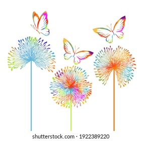 Dandelion arcoiris con mariposa. Ilustración vectorial.