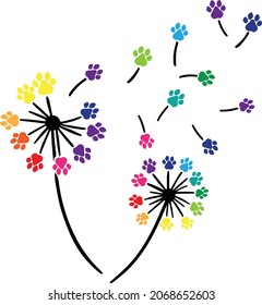 Rainbow Dandelion Paw Print Vector Illustration set on white background. Perfect for any Dog project or theme. Suitable for web design, print, Perfectly suited for traditional media and web. Great for
