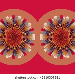 Rainbow dark sunset themed symmetrical decorative motif, accented by marigold, deep orange, ruby red, royal purple, terracotta, ochre, linen, cool grey