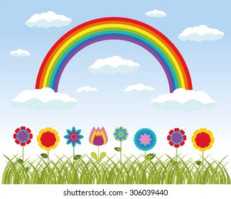 Rainbow day. Rainbow with flowers, grass, clouds. Vector illustration.