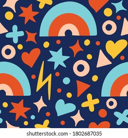 Rainbow and decorative symbols pattern on a blue background. Repeating elements of children's theme for printing on fabric, packaging, paper. Vector illustration hand-drawing.