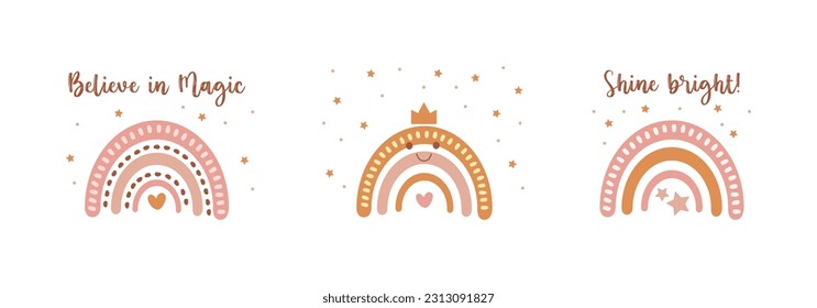 Rainbow design elements in boho style isolated on white background. Cartoon  illustration  for poster, postcard, logo, wallpaper, print. Shine brighy, believe in magic inspiration. Vector