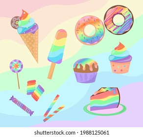 Rainbow desserts set isolated on colorful background. Sweets collection. Rainbow donuts, cupcake, ice cream and candies are decorated. Vector illustration. 