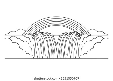 Rainbow at Dettifoss waterfal Continuous line art flat vector illustration on white background.