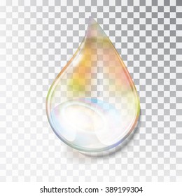 Cae rocío arcoiris. Una gota de petróleo. Una gota transparente de desbordamiento en el sol. Colocación aislada en un fondo transparente. Bloques del sol en el agua. Ilustración del vector