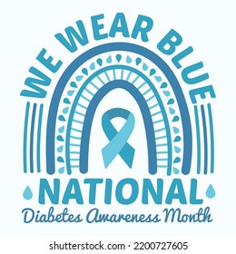 Rainbow Diabetes Awareness Month. Awareness Ribbon. Wear Blue. Blue Rainbow. Vector Illustration. Usable For Background,T-shirt, Totebag And Other Merchandise