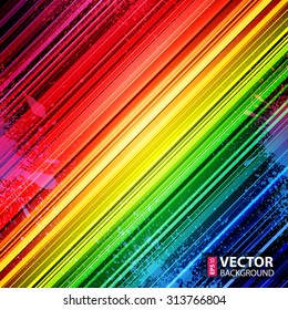 Rainbow diagonal stripes and colorful paint splashes abstract background. RGB EPS 10 vector illustration