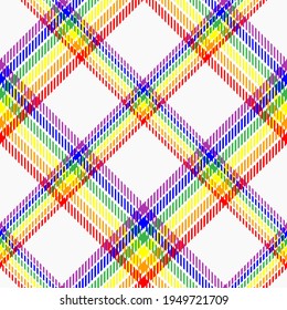 Rainbow diagonal tartan. Seamless multicoloured bright vector. Suitable for fashion, home decor, stationary and branding.