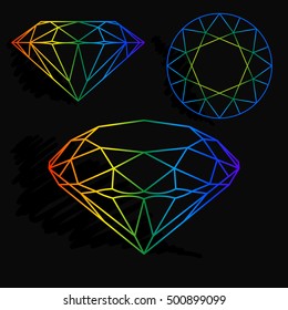 Rainbow diamond on black background. Vector Icon Symbol Set.
