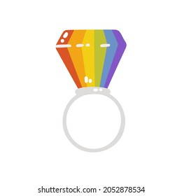Rainbow diamond ring. Vector illustration of a ring isolated on a white background. A simple flat icon. Happy pride month.