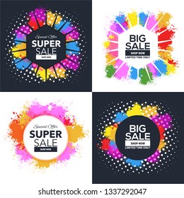 Rainbow Different Shapes Vector Watercolors Geometric Frames Style Shopping Theme Website Banner, Card, Flyer, Tag Ad Design Set