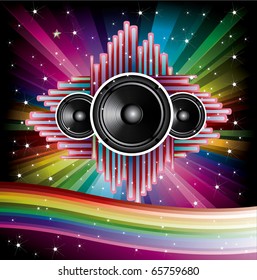 Coche arco iris - fondo con altavoz y estrellas ilustraciones vectoriales