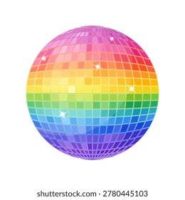 Rainbow disco ball isolated on light background. Colorful mirror sphere illustration in retro party style for nightclub, music, pride and festival design.