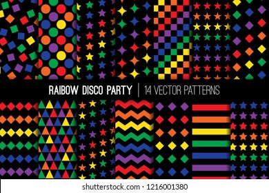 
Rainbow Disco Party Vector Patterns. Vibrant Multicolor Glow in The Dark Backgrounds. Repeating Pattern Tile Swatches Included.