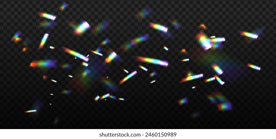 Resaltados de dispersión de arco iris sobre fondo negro. Resplandor o reflejo del agua y el vidrio. Partículas brillantes realistas para fotos. Ilustración de superposición de Vector.