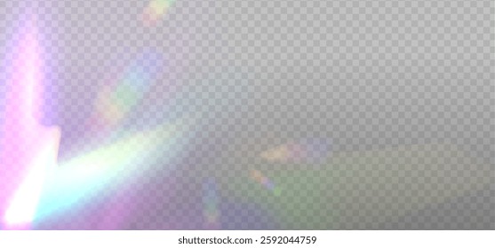 Rainbow dispersion highlights overlay template on a light background. Holographic Glare or reflection from water and glass. Glittering particles for social media backgrounds, photo shots. Vector eps10