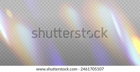 Rainbow dispersion highlights overlay template on a light background. Glare or reflection from water and glass. Glittering particles for social media backgrounds, photo shots. Vector eps10