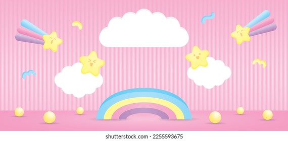 rainbow display stand with cloud sign and cute kawaii element on pastel pink floor and wall 3d illustration vector for putting object 