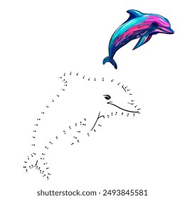 Rainbow dolphin. An educational game for children. The game "Dot to dot" for children. Numbers game, dot-to-dot educational game and coloring book for kids. Education of children. 