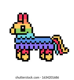 Rainbow donkey pinata, pixel art icon isolated on white background. 8 bit mexican party toy symbol. Old school vintage retro slot machine/video game graphics.