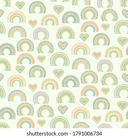 Rainbow doodle pattern. Cute pastel colors. Vector illustrations in hand drawn style for posters, prints, cards, fabric, children's books.