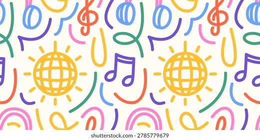 Rainbow doodle pattern with yellow disco ball, note, headphones, multicolor loops, wavy lines, arches, curls, and small strokes on a white background in pink, orange, yellow, green, blue, and purple.
