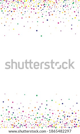 Rainbow Dot Celebration White Background. Flying Circle Texture. Carnaval Confetti Pattern. White Rain Fun Postcard.