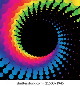 Rainbow dot circle frame halftone on the black background. Vector illustration.