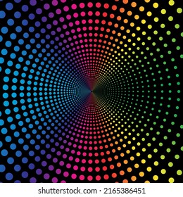 Medio tono del círculo del punto arco iris sobre el fondo negro. Ilustración vectorial.