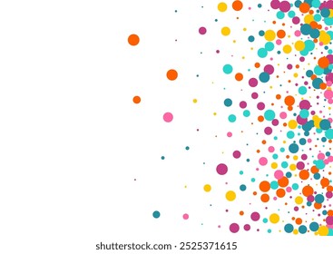 Rainbow Dot Effect Vector White Background. Fun Circle Texture. FallingFestive Polka Banner. Color Rain Top Postcard.