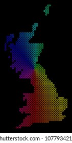 Rainbow dot Great Britain Map. Vector geographic map in bright spectrum colors with circular gradient on a black background.