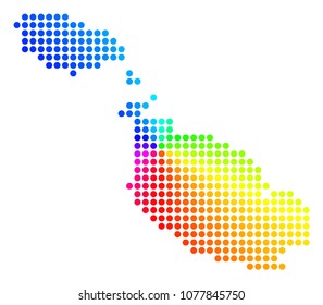 Rainbow dot Malta Island Map. Vector geographic map in bright spectral colors with circular gradient. Colored vector mosaic of Malta Island Map designed of regular round elements.