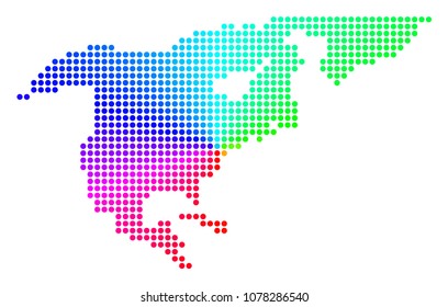 Rainbow dot North America Map. Vector geographic map in bright rainbow colors with circular gradient. Colorful vector concept of North America Map constructed of regular circles.