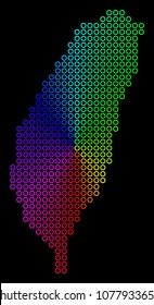 Rainbow dot Taiwan Island Map. Vector geographic map in bright spectrum colors with circular gradient on a black background. Color vector collage of Taiwan Island Map created of regular round dots.