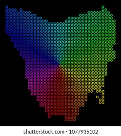 Rainbow dot Tasmania Island Map. Vector geographic map in bright spectrum colors with circular gradient on a black background.