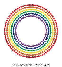 Rainbow dots circle frame. Rainbow dors border. Vector isolated abstract illustration. Red, Yellow, green, blue, purple, orange.