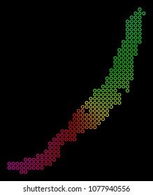 Rainbow dotted Baikal Lake Map. Vector geographic map in bright rainbow colors with circular gradient on a black background.