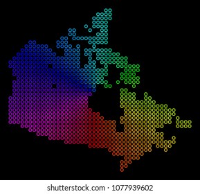 Rainbow dotted Canada Map. Vector geographic map in bright rainbow colors with circular gradient on a black background. Multicolored vector concept of Canada Map done of regular round dots.