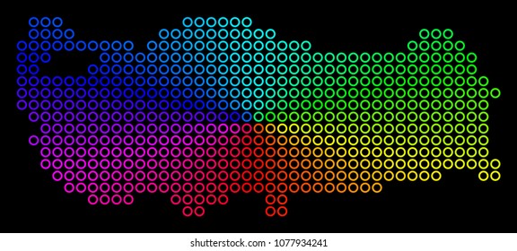 Rainbow dotted Turkey Map. Vector geographic map in bright rainbow colors with circular gradient on a black background. Colored vector pattern of Turkey Map designed of regular round dots.