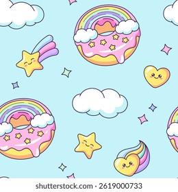 Rosca arco-íris, rosquinha padrão sem costura, fundo. Desenho de estilo de desenho animado mágico bonito, ilustração